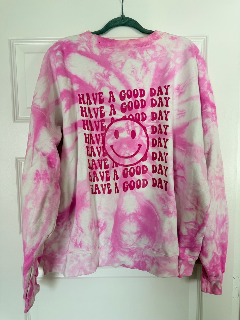 Gildan Pink and White Tie-Dye "Have A Good Day" Crewneck